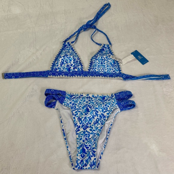 Boho Shell Stitch Halter Bikini Top & Cheeky Bottoms Set Size M - Picture 3 of 13